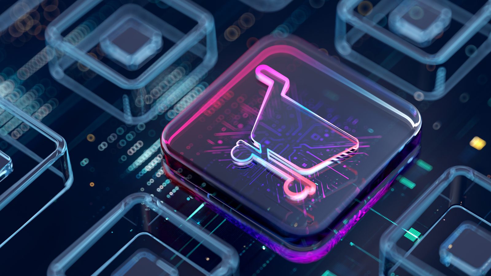eCommerce shopping cart icon on a circuit board